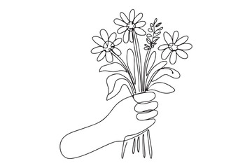 Continuous one line drawing hand hold flower bouquet. Spring concept. Single line draw design. one line Icon drawing with white background
