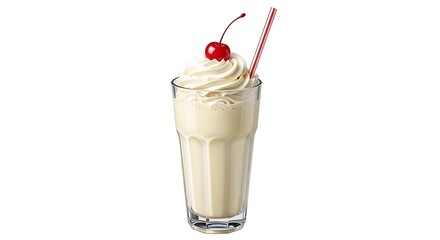 Creamy vanilla milkshake with whipped cream and cherry isolated on transparent background