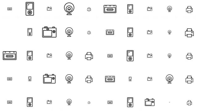 Set of fifty technology and communication icons in black line art style on white background, digital graphic collection, flat design, isolated view