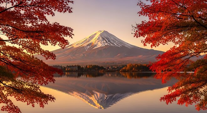 Mount fuji reflected in a calm lake during autumn with vibrant red maple leaves framing the scene - Powered by Adobe