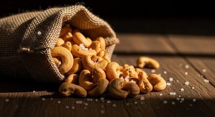 Fresh Cashew Nuts Spill From A Rustic Burlap Sack On A Wooden Surface