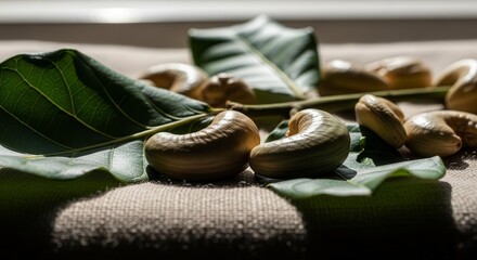 Fresh Cashew Nuts, Green Leaves And Natural Light, A Natural Food Composition