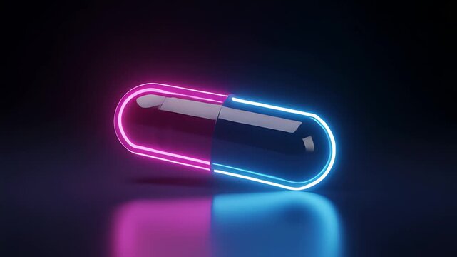Futuristic neon pill capsule glowing in the dark