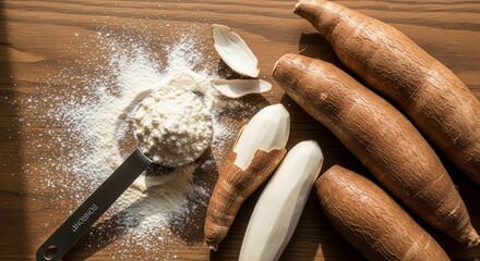 Fresh Cassava Root Flour With Measuring Scoop Poured On Vintage Wooden Surface