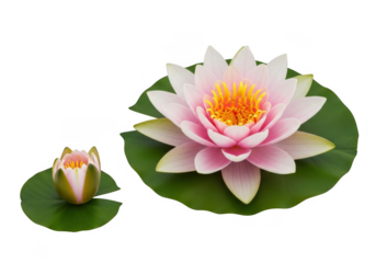 Delicate pink water lily bloom and bud floating on green leaves isolated on transparent background