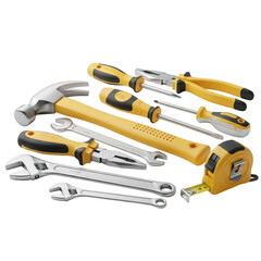 Assortment of yellow and silver hand tools set isolated illustration on transparent background