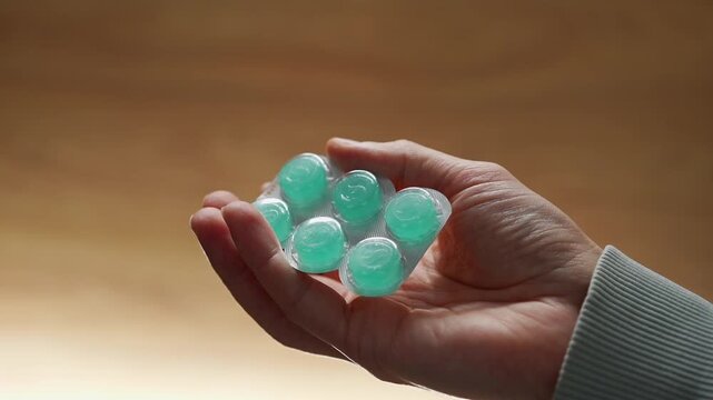 Throat lozenges for a sore throat.
A person holding a blister pack of throat lozenges.
Medicine, health, lozenge, blister, strip, pharmaceuticals