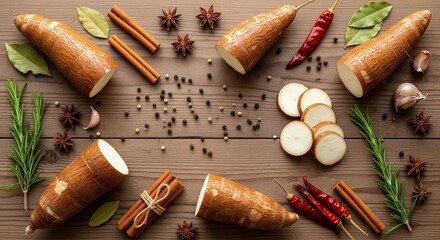 Fresh Cassava with Spices and Herbs Arranged on a Wooden Surface for Culinary Delight