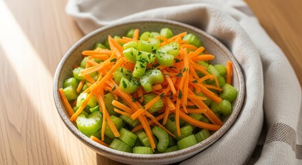Fresh Celery and Carrot Salad Garnished With Parsley Served in Ceramic Bowl