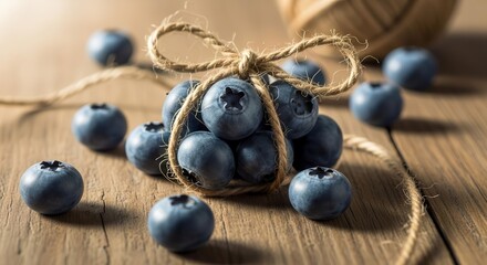 Fresh Blueberries Tied With Twine on Wooden Surface Offering Rustic Charm