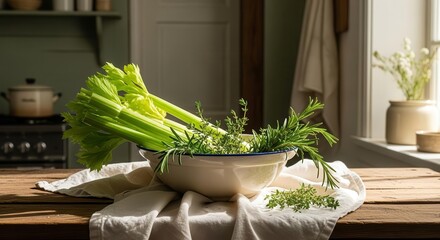 Fresh Celery And Herbs Arranged In a Bowl on a Rustic Wooden Table
