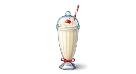 Classic vanilla milkshake with cherry and straw isolated on transparent background