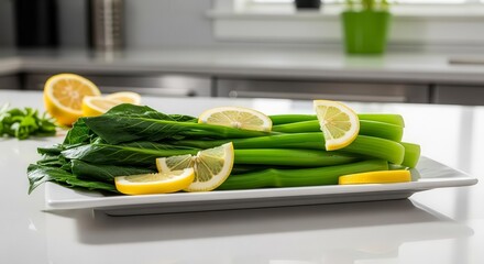 Fresh Celery and Lemon Slices Artfully Arranged on a White Plate for Culinary Use