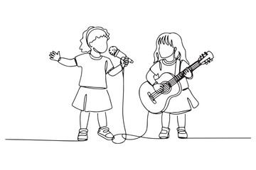 Continuous one line drawing Two little girls singing a song with a microphone and a guitar. Hangouts With Friends concept. one line Icon drawing with white background
