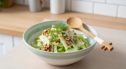 Fresh Celery Apple Walnut Salad With Creamy Dressing And Wooden Spoon On Table