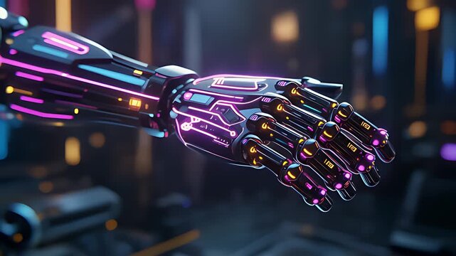 Futuristic prosthetic limb glowing with neon circuits
