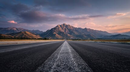 Empty highway road leading toward mountains under a colorful sky, creating a serene and expansive landscape scene.