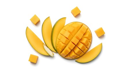 Fresh ripe mango slices and cubes isolated on transparent background