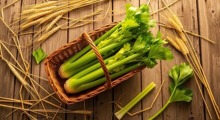 Fresh Celery Displayed In A Wicker Basket With Wheat Sprigs On Rustic Wooden Surface