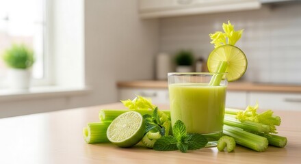 Fresh Celery Juice with Lime Drink And Herbs on a Wooden Table close up