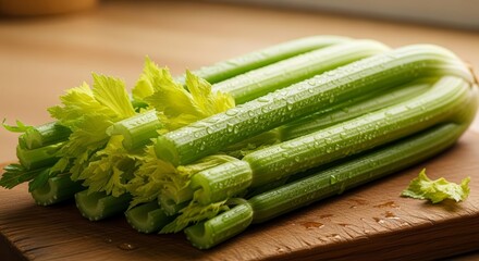 Fresh Celery Stalks Displayed On Wooden Cutting Board With Moisture Beads