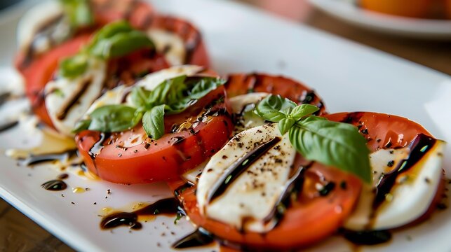 Close up of caprese salad with tomatoes mozzarella basil and balsamic glaze on a white plate