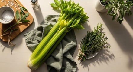 Fresh Celery with Herbs and Salt Resting on a Creamy Surface Under a Bright Light