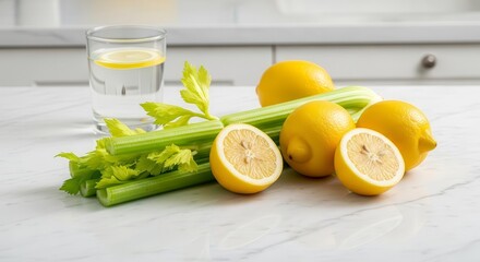 Fresh Celery, Lemons and Glass of Water: A Vibrant Composition for Wellness
