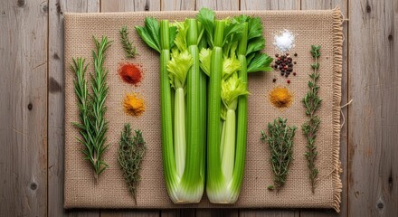 Fresh Celery Vegetable and Herbs Spices Arrangement on Rustic Background for Culinary Use