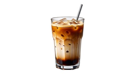 Tall glass of iced coffee with cream and straw isolated on transparent background