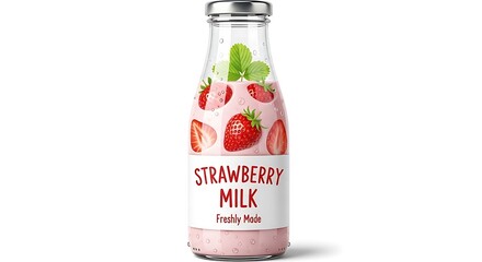 Glass bottle of strawberry milk with fresh strawberries and mint isolated on transparent background