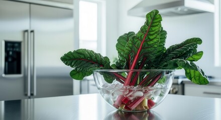 Fresh Chard In Glass Bowl With Ice Cubes Displayed In Modern Kitchen Space