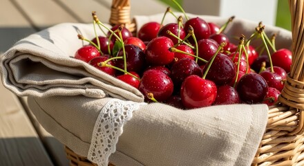 Fresh Cherries Beautifully Displayed in a Woven Basket with Natural Lighting