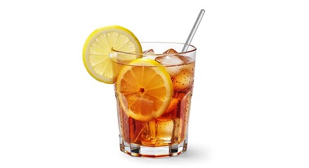 Tall glass of iced tea with lemon slices and a stirrer isolated on transparent background
