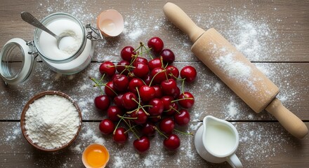 Fresh Cherries Baking Ingredients Arranged on Wooden Surface for Dessert Creations