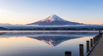 Majestic mount fuji reflected in the calm waters of lake kawaguchiko at sunrise