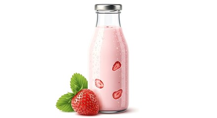 Pink strawberry milkshake in a glass bottle with fresh berries and mint isolated on transparent background