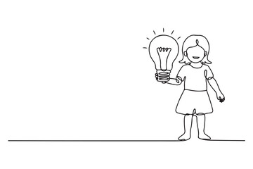 Continuous one line drawing happy little girl holding a light bulb in her hand. Earth hour concept. Single line draw design. one line Icon drawing with white background