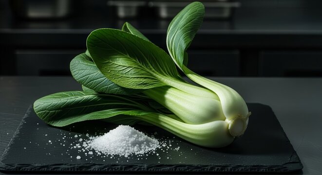 Fresh Bok Choy And Salt On A Black Slate, A Culinary Still Life Composition