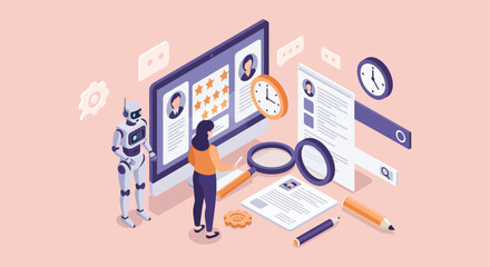AI recruitment analyzing candidates profiles on a computer streamlining the hiring process suitable for HR tech and automated recruitment strategies.