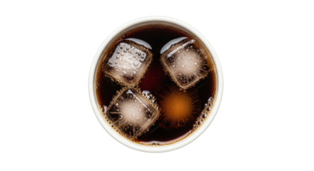 Refreshing cola beverage with ice cubes cold drink top view shot on transparent background