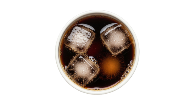 Refreshing cola beverage with ice cubes cold drink top view shot on transparent background