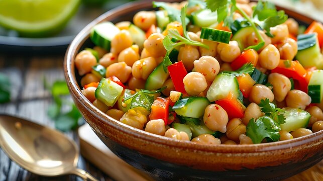 Close up of a bowl of chickpea salad with cucumbers and red bell peppers with a spoon beside it