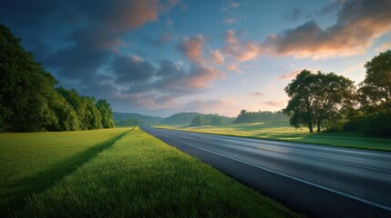 A scenic empty highway running through a green park with a colorful sky, serene and highly detailed landscape.