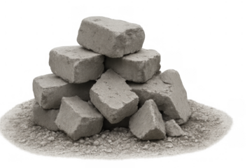 Concrete rubble pile, building bricks and construction debris, ready for recycling or removal on a transparent background