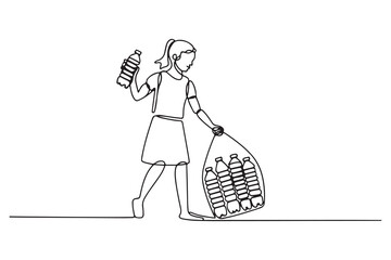Continuous one line drawing happy girl pick up plastic bottle waste. World environment day concept. one line Icon drawing with white background