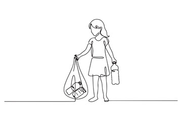 Continuous one line drawing happy girl pick up plastic bottle waste. World environment day concept. one line Icon drawing with white background