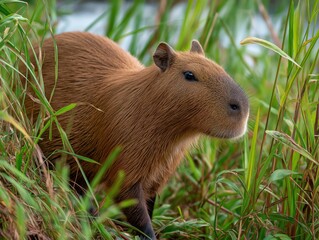 Fototapeta premium Capybara walking through tall grass soft focus background