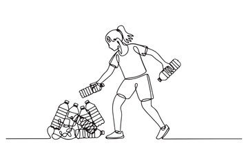 Continuous one line drawing happy girl pick up plastic bottle waste. World environment day concept. one line Icon drawing with white background
