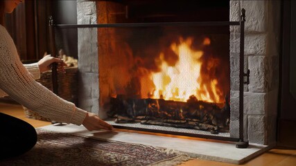 Woman moving fireplace screen as logs burn in hearth, ensuring holiday safety and fire protection footage. - Powered by Adobe